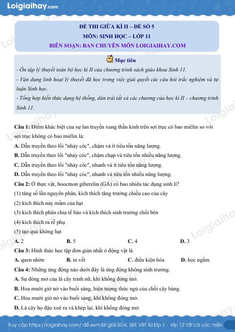 Đề kiểm tra giữa kì 2 Sinh 11 - Đề số 5 có lời giải chi tiết